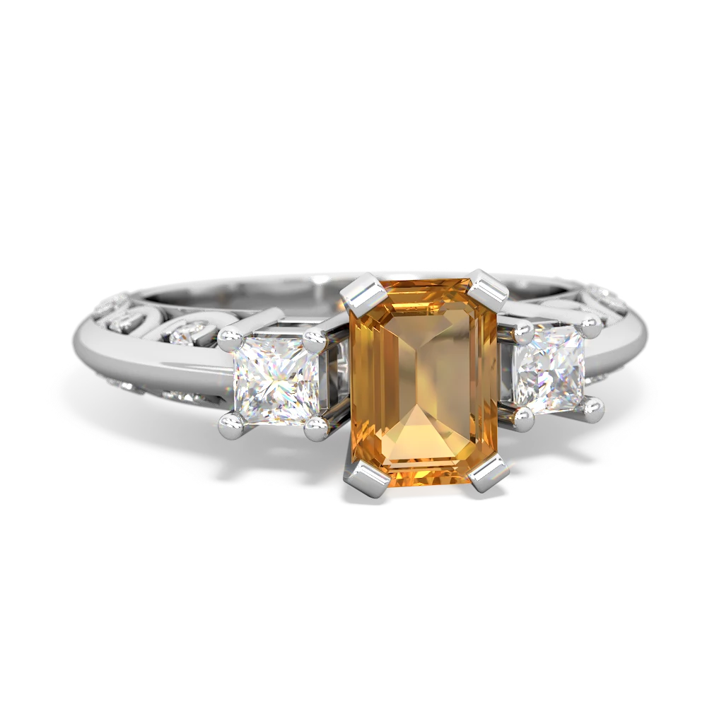 Citrine Art Deco Diamond 7X5 Emerald-Cut Engagement 14K White Gold ring R20017EM