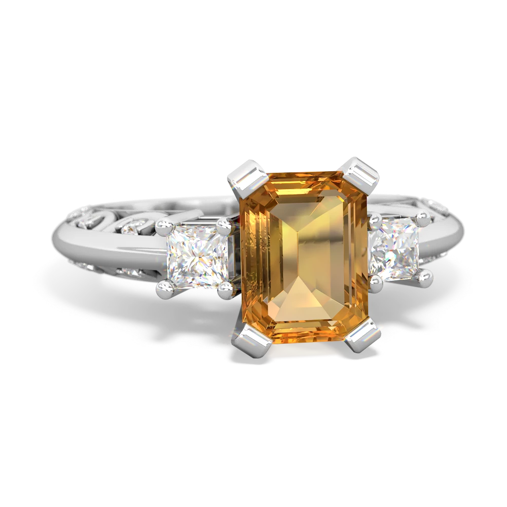 Citrine Art Deco Diamond 8X6 Emerald-Cut Engagement 14K White Gold ring R20018EM