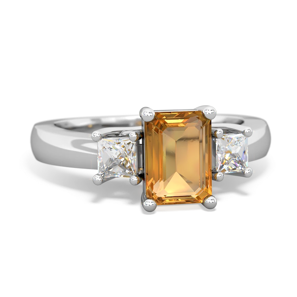 Citrine Diamond Three Stone Emerald-Cut Trellis 14K White Gold ring R4021