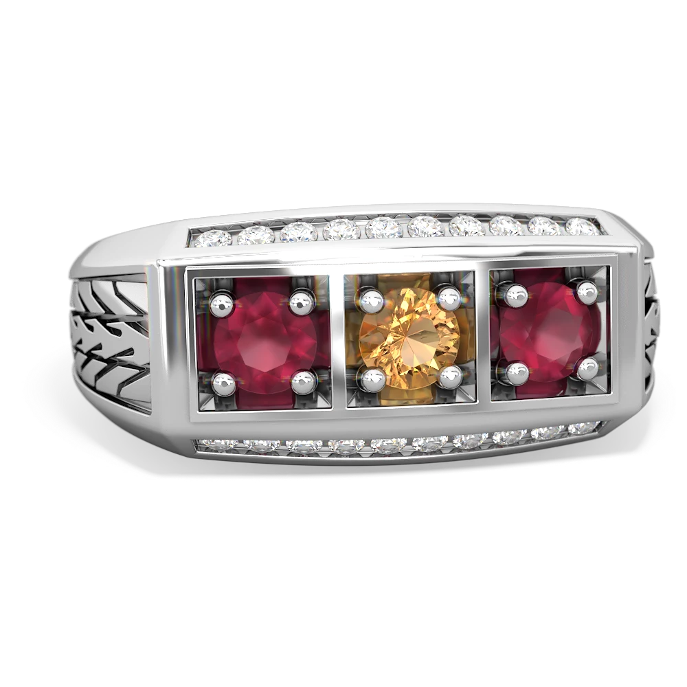 Citrine,Ruby Opal Three Stone Tire Tread Men's ring - 14K White