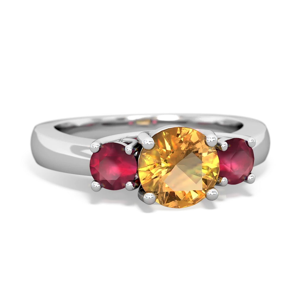 Citrine,Ruby Fire Opal Three Stone Round Trellis ring - 14K White