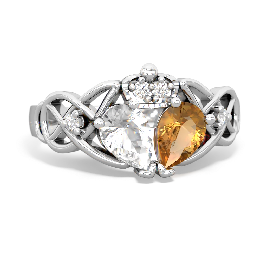 Citrine 'One Heart' Celtic Knot Claddagh 14K White Gold ring R5322