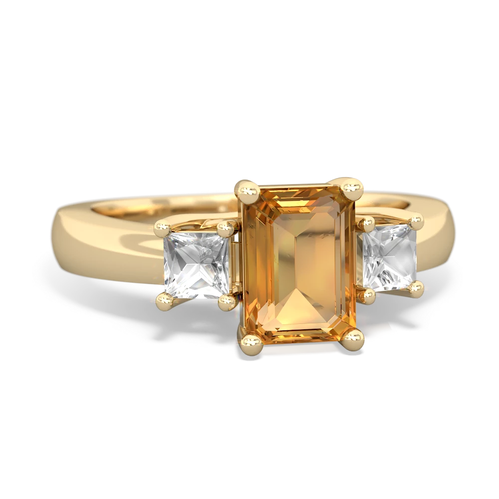 Citrine Three Stone Emerald-Cut Trellis 14K Yellow Gold ring R4021