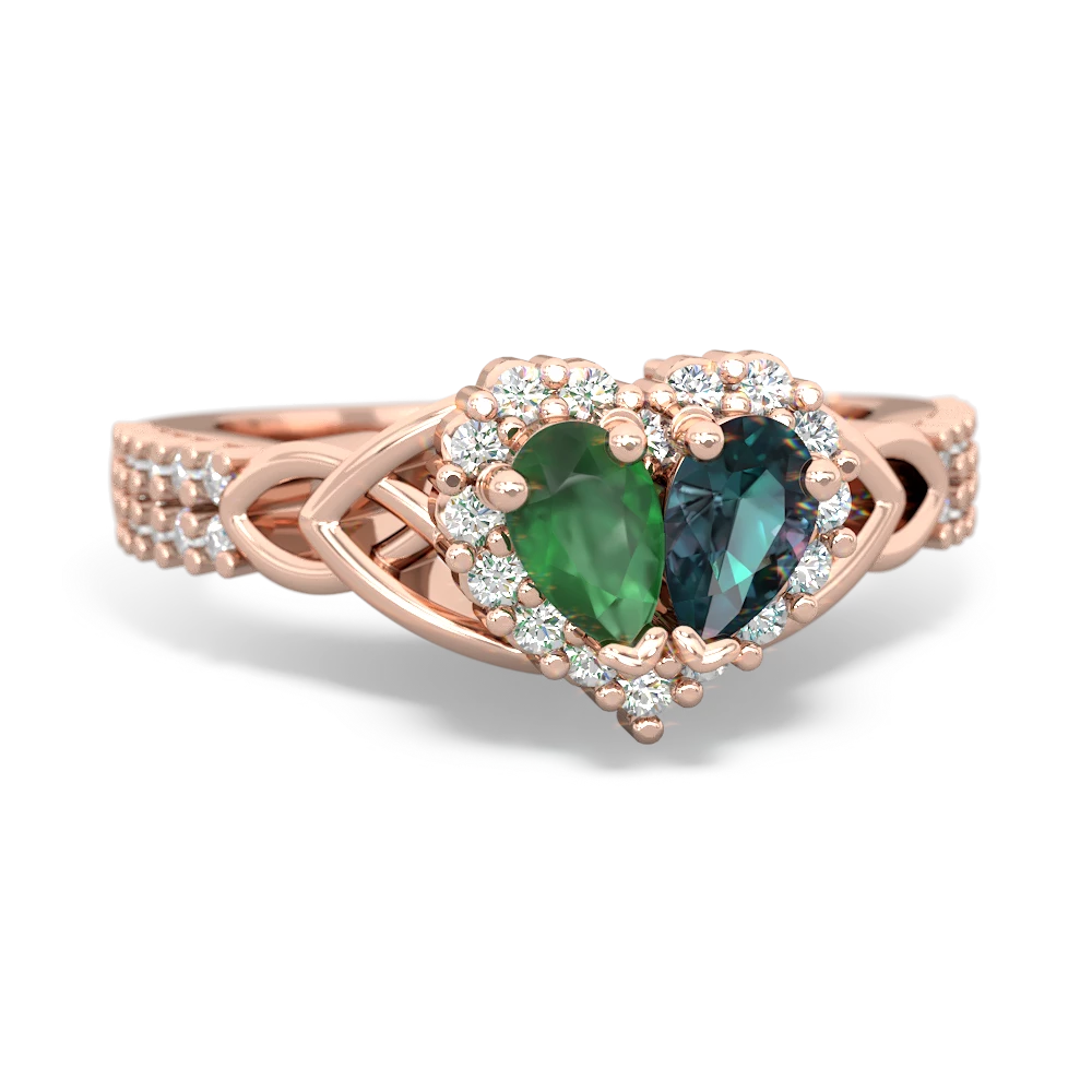 Emerald Celtic Knot Two Hearts As One 14K Rose Gold ring R2644HRT