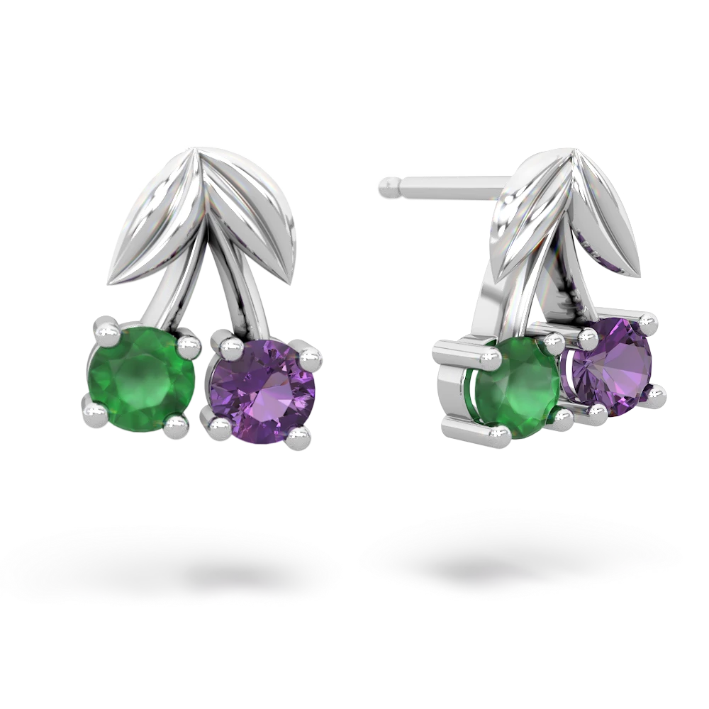 Emerald Amethyst Sweet Cherries earrings - 14K White Gold