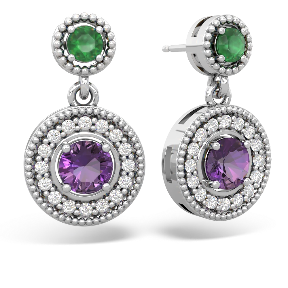 Emerald Halo Dangle 14K White Gold earrings E5319