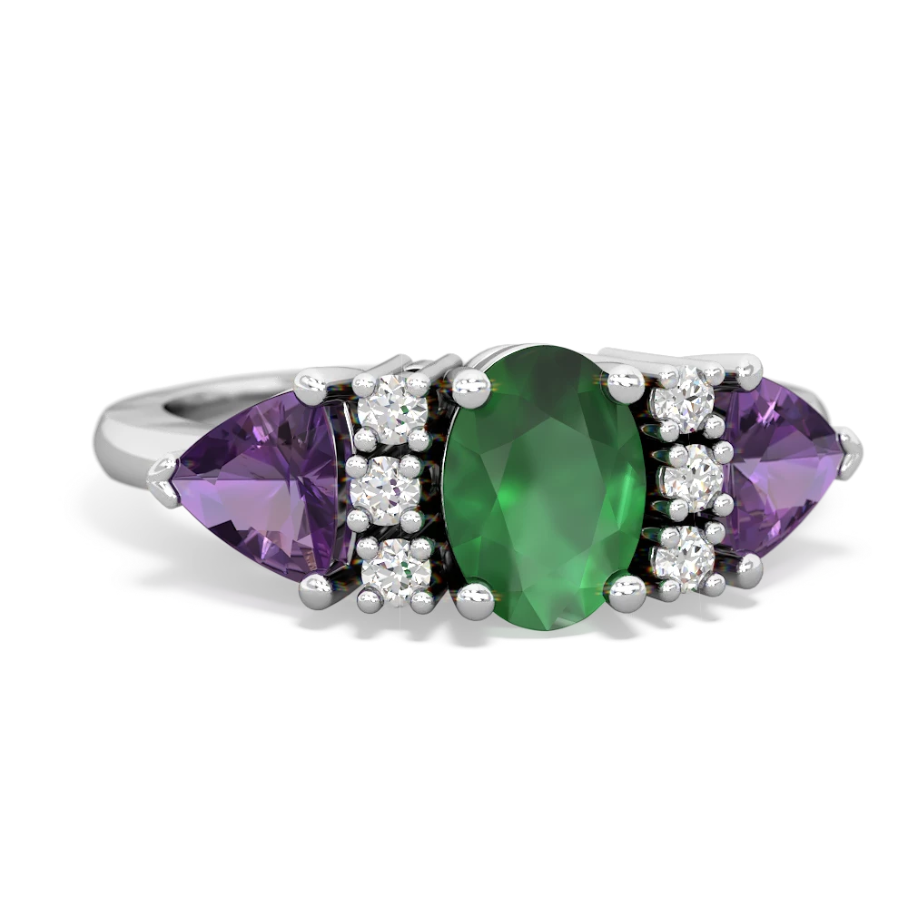 Emerald Antique Style Three Stone 14K White Gold ring R2186