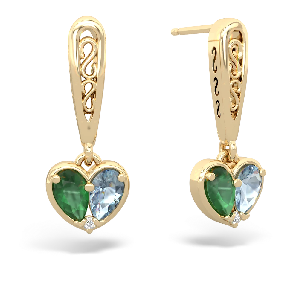 Emerald Aquamarine Filligree Heart earrings - 14K Yellow Gold