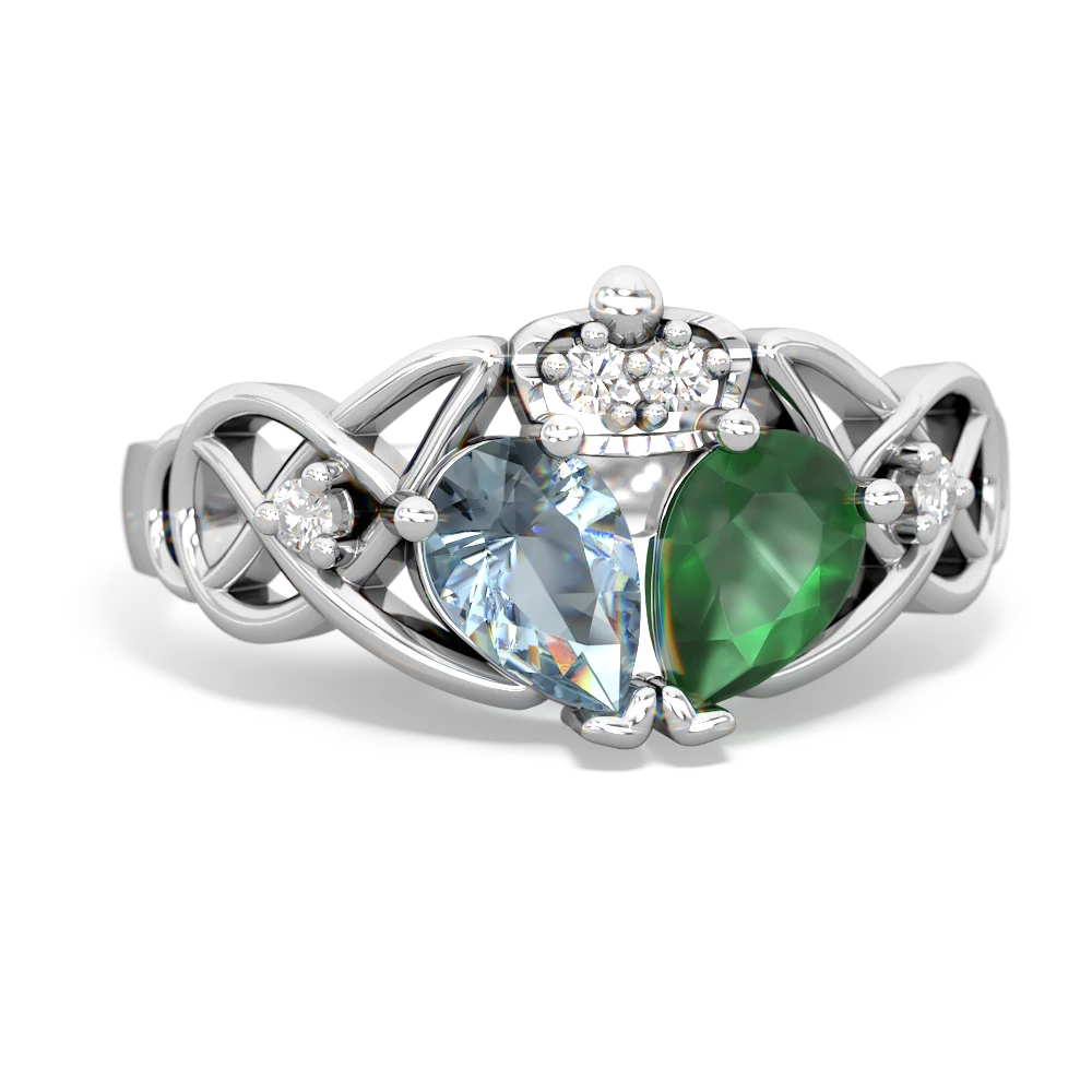 Emerald 'One Heart' Celtic Knot Claddagh 14K White Gold ring R5322