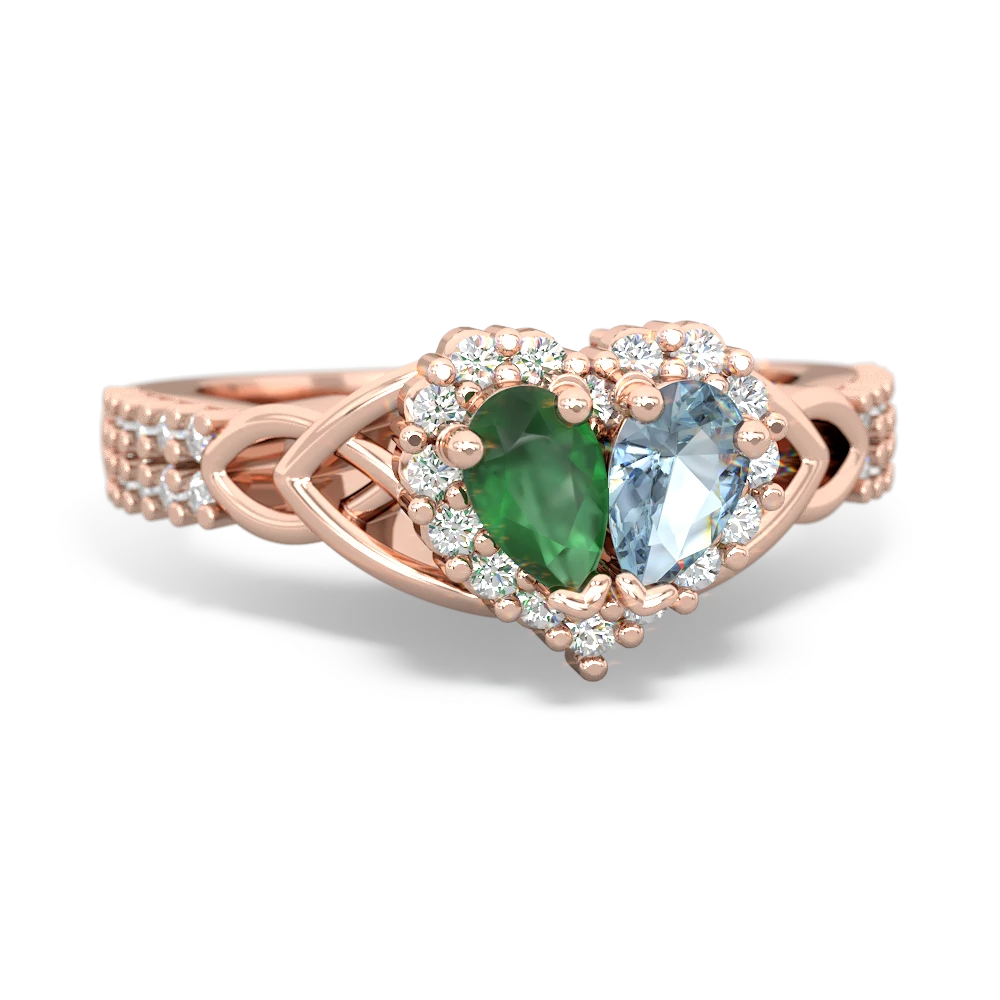 Emerald Celtic Knot Two Hearts As One 14K Rose Gold ring R2644HRT