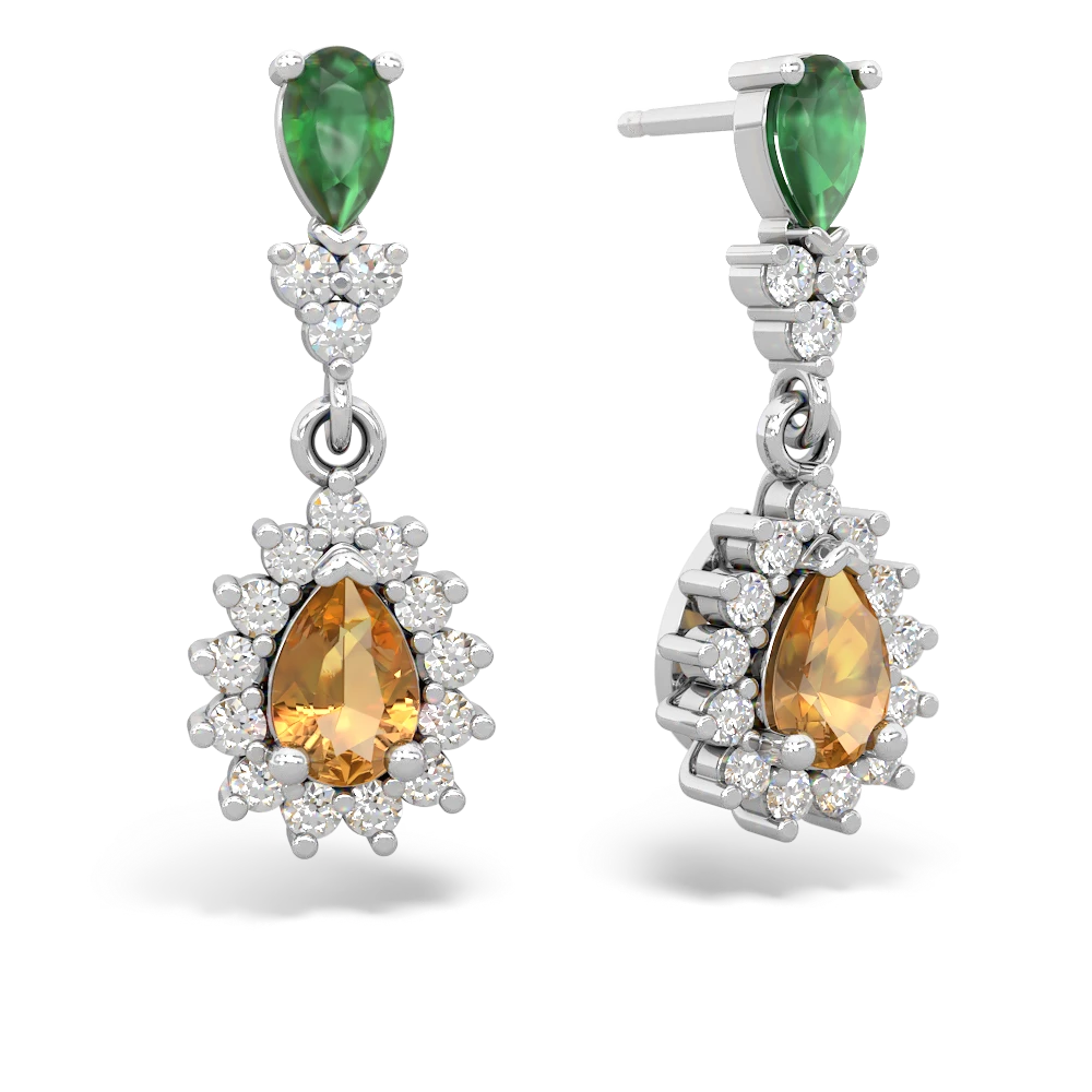 Emerald Halo Pear Dangle 14K White Gold earrings E1882