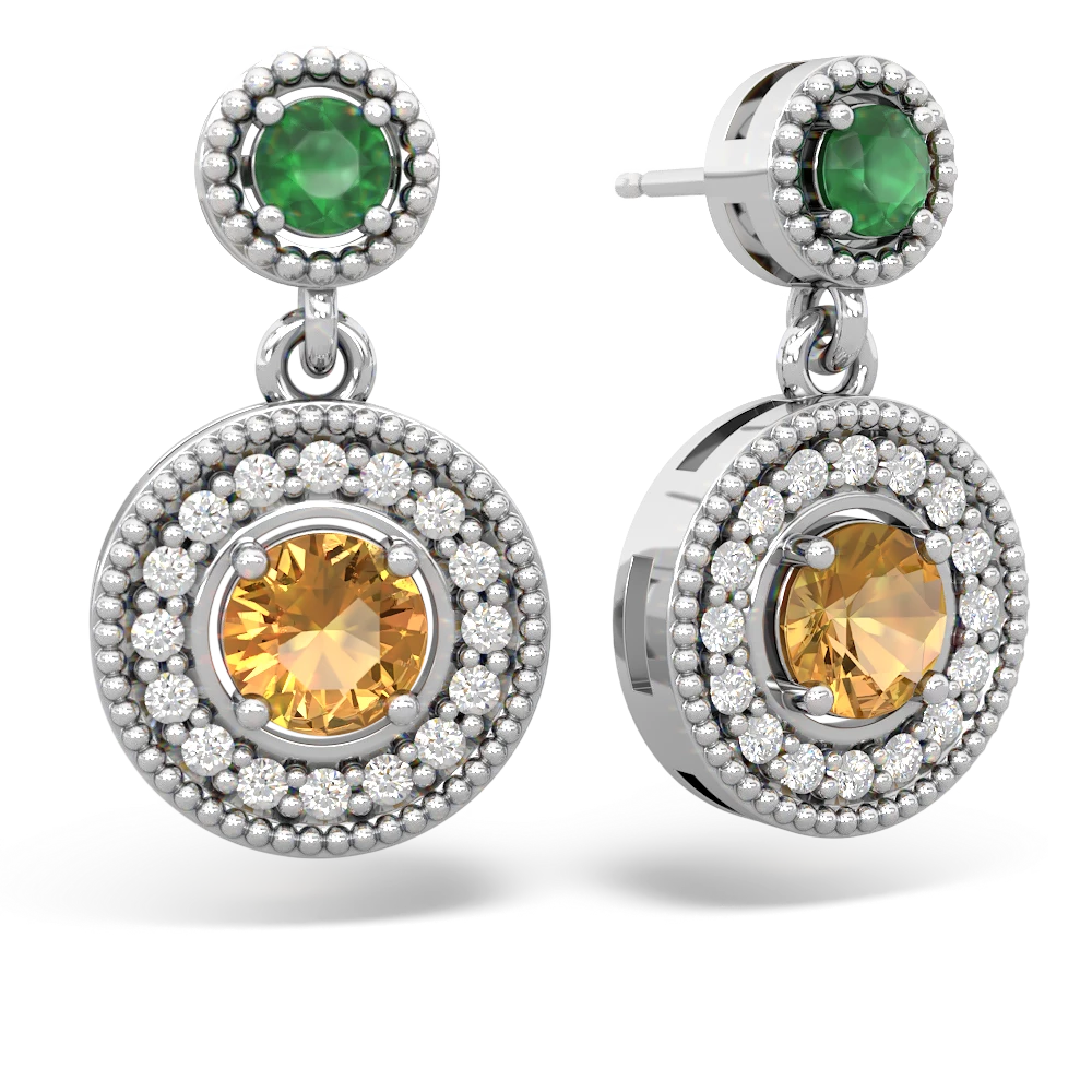 Emerald Halo Dangle 14K White Gold earrings E5319