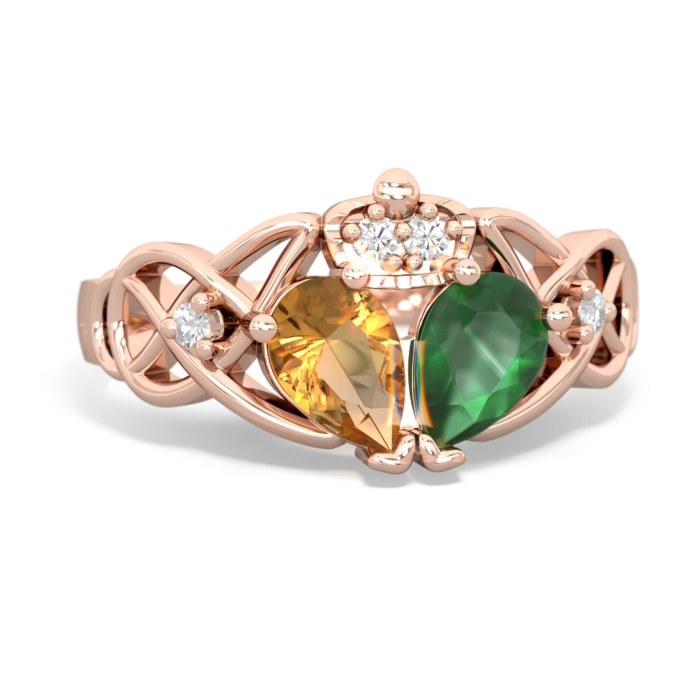 Emerald 'One Heart' Celtic Knot Claddagh 14K Rose Gold ring R5322