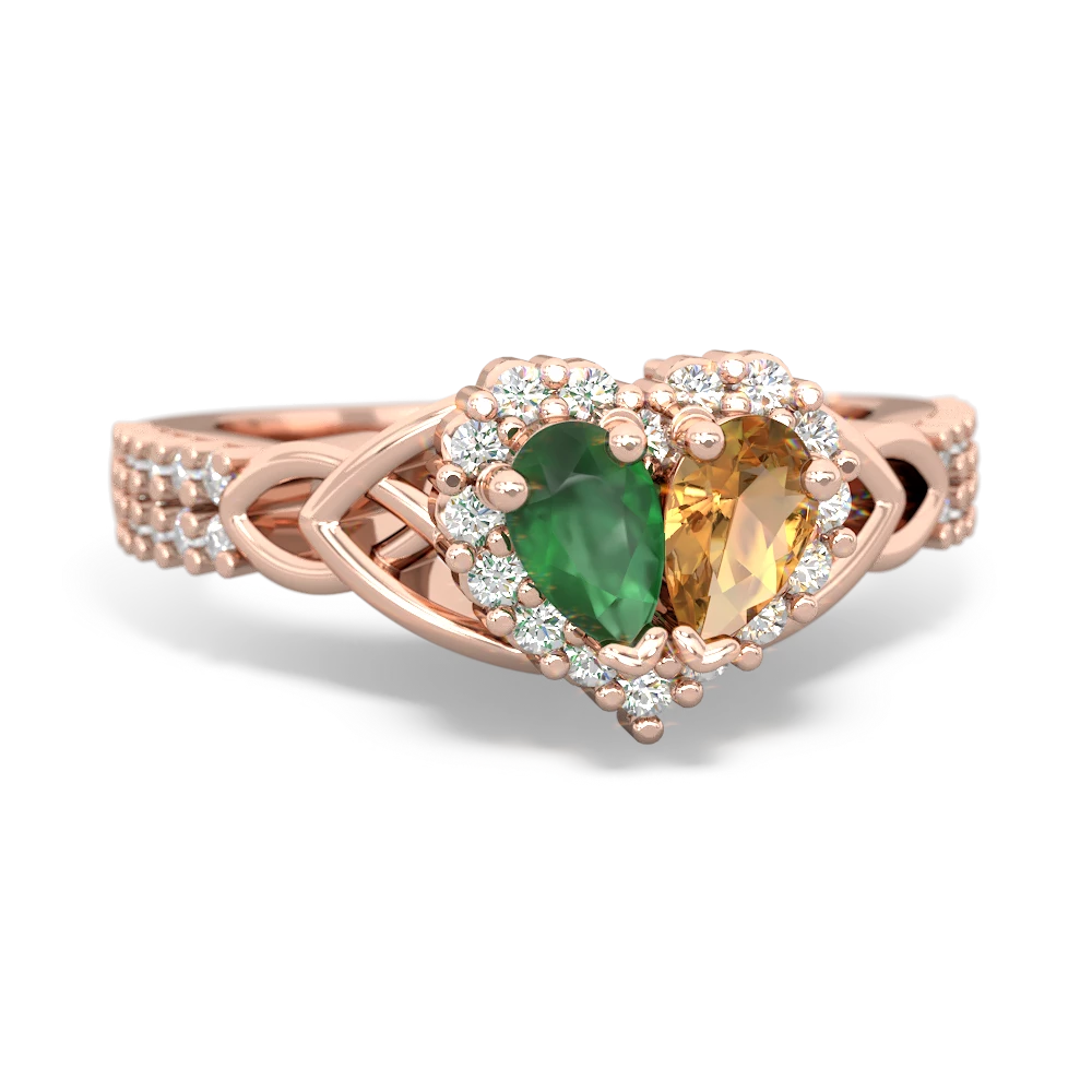 Emerald Celtic Knot Two Hearts As One 14K Rose Gold ring R2644HRT