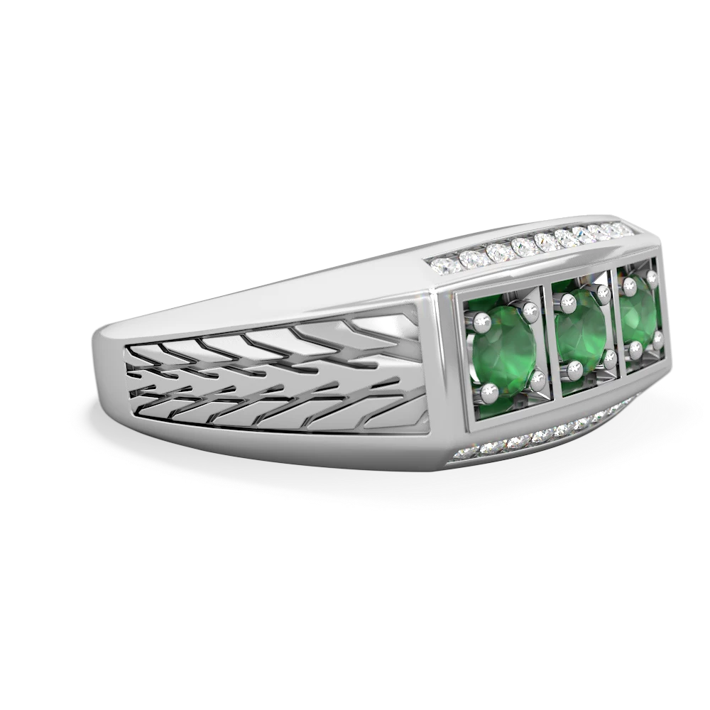 Emerald Three Stone Tire Tread Men's 14K White Gold ring R0520