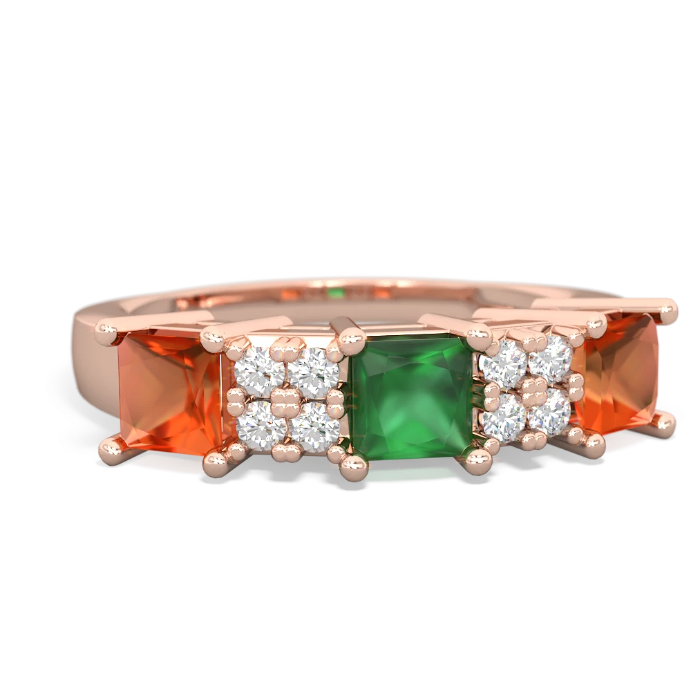 Emerald Three Stone Diamond Cluster 14K Rose Gold ring R2592