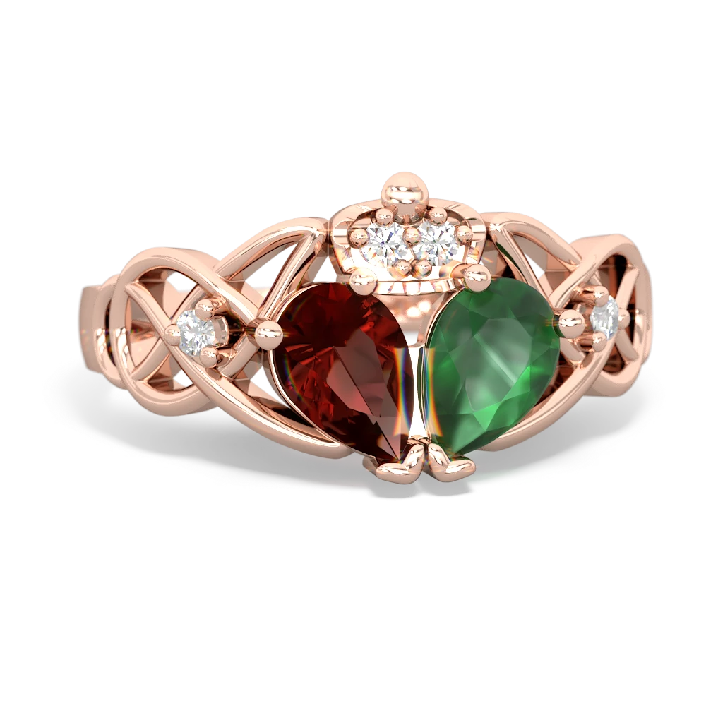 Emerald 'One Heart' Celtic Knot Claddagh 14K Rose Gold ring R5322