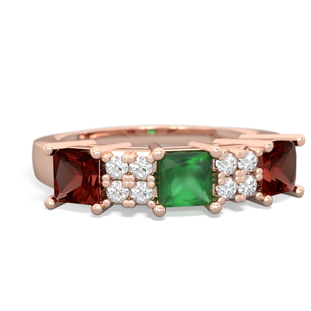 Emerald Three Stone Diamond Cluster 14K Rose Gold ring R2592