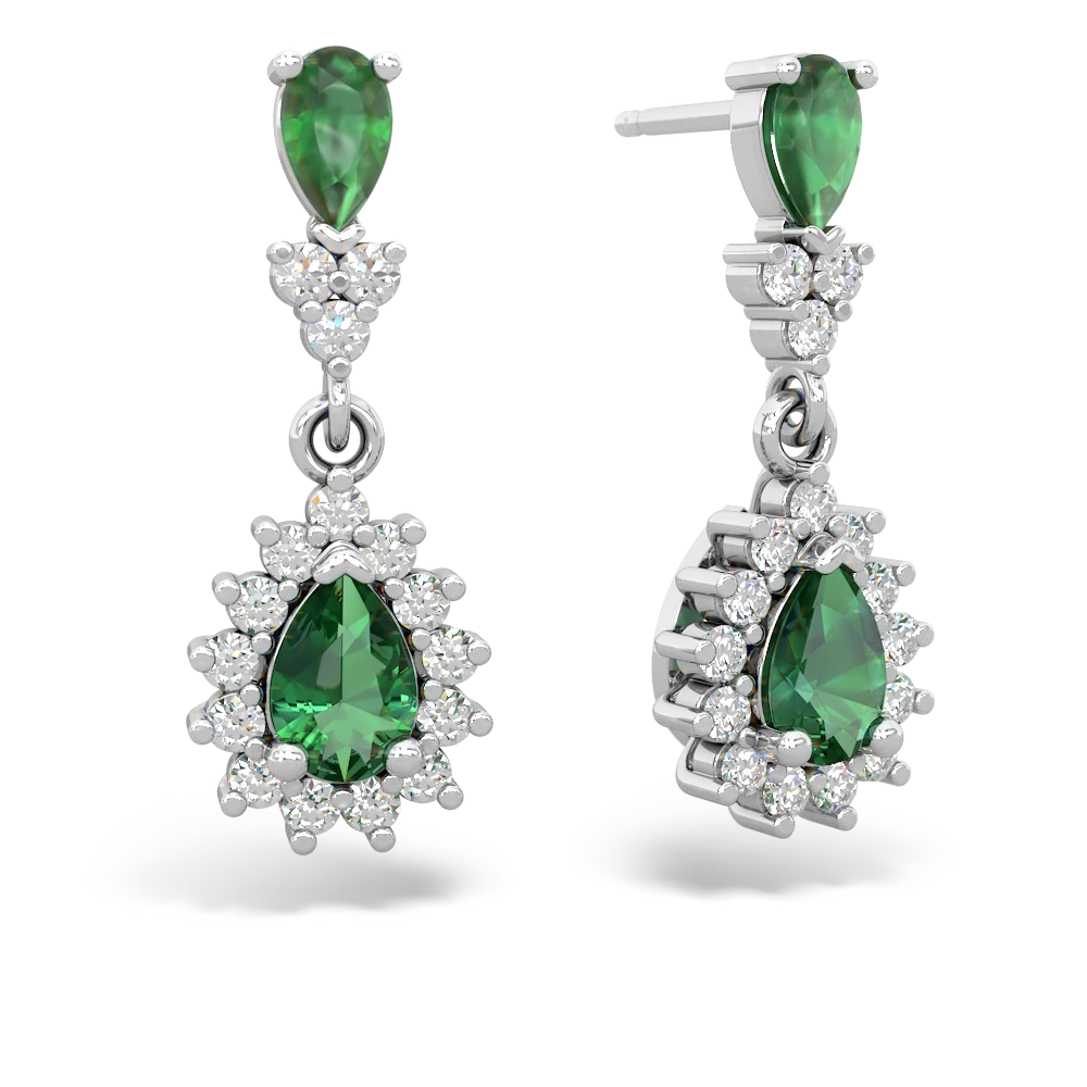 Emerald Halo Pear Dangle 14K White Gold earrings E1882