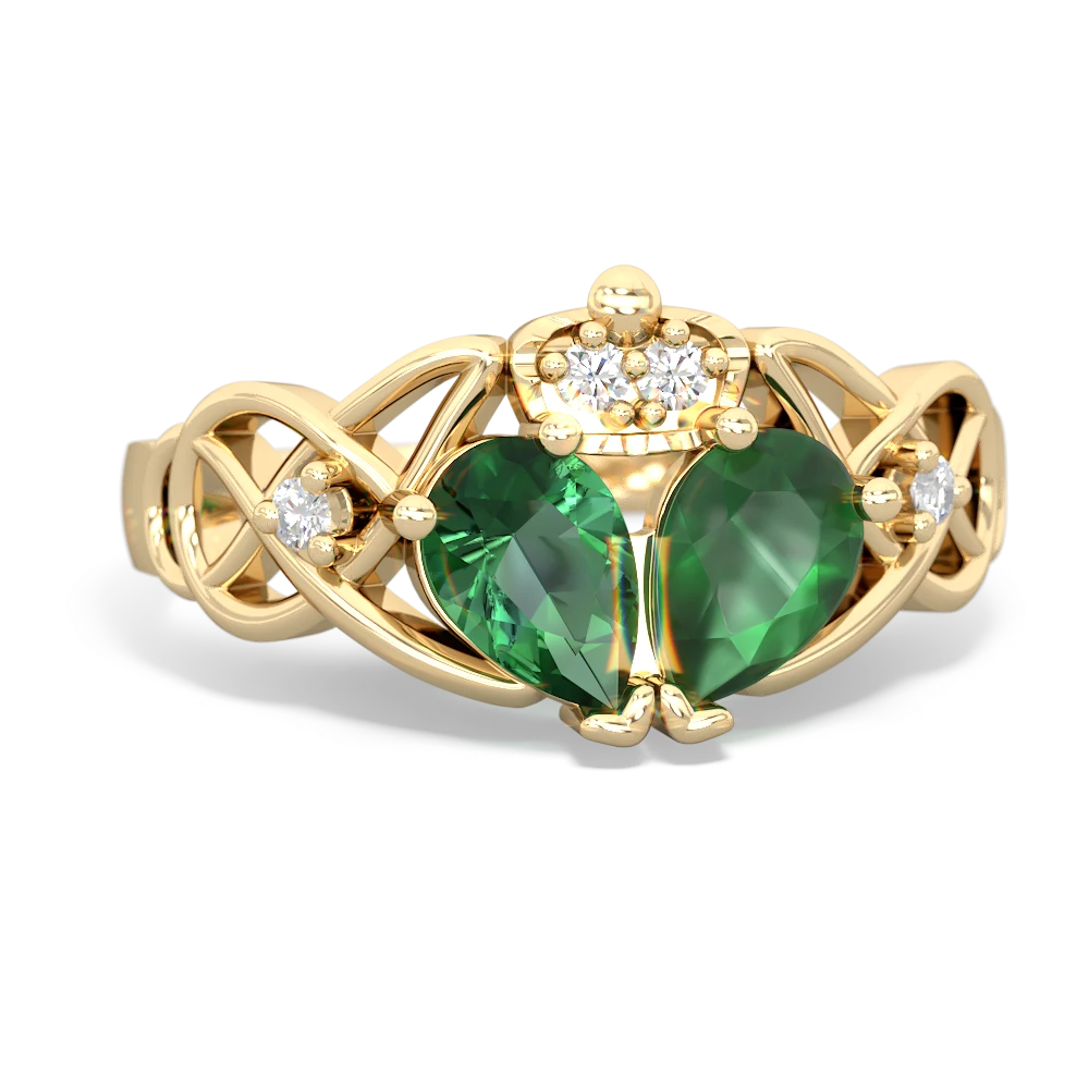 Emerald 'One Heart' Celtic Knot Claddagh 14K Yellow Gold ring R5322