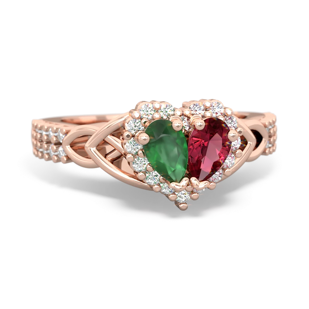 Emerald Celtic Knot Two Hearts As One 14K Rose Gold ring R2644HRT