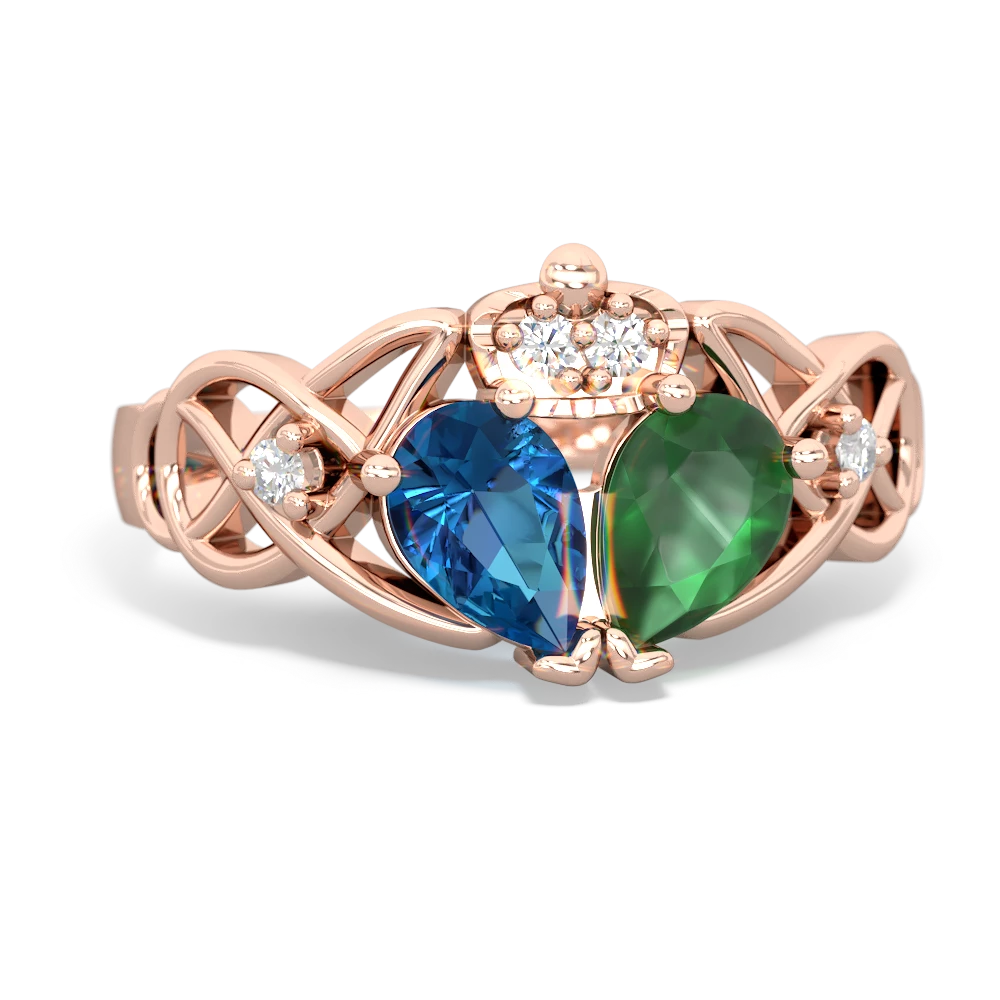 Emerald 'One Heart' Celtic Knot Claddagh 14K Rose Gold ring R5322