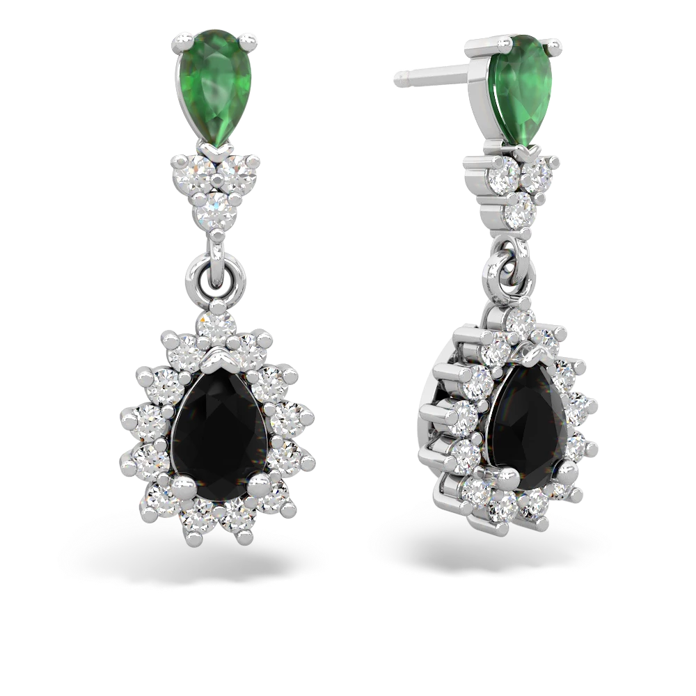 Emerald Halo Pear Dangle 14K White Gold earrings E1882