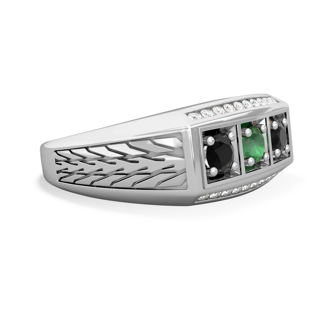 Emerald Three Stone Tire Tread Men's 14K White Gold ring R0520