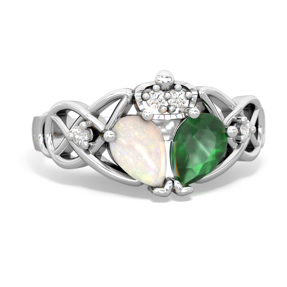 Emerald 'One Heart' Celtic Knot Claddagh 14K White Gold ring R5322