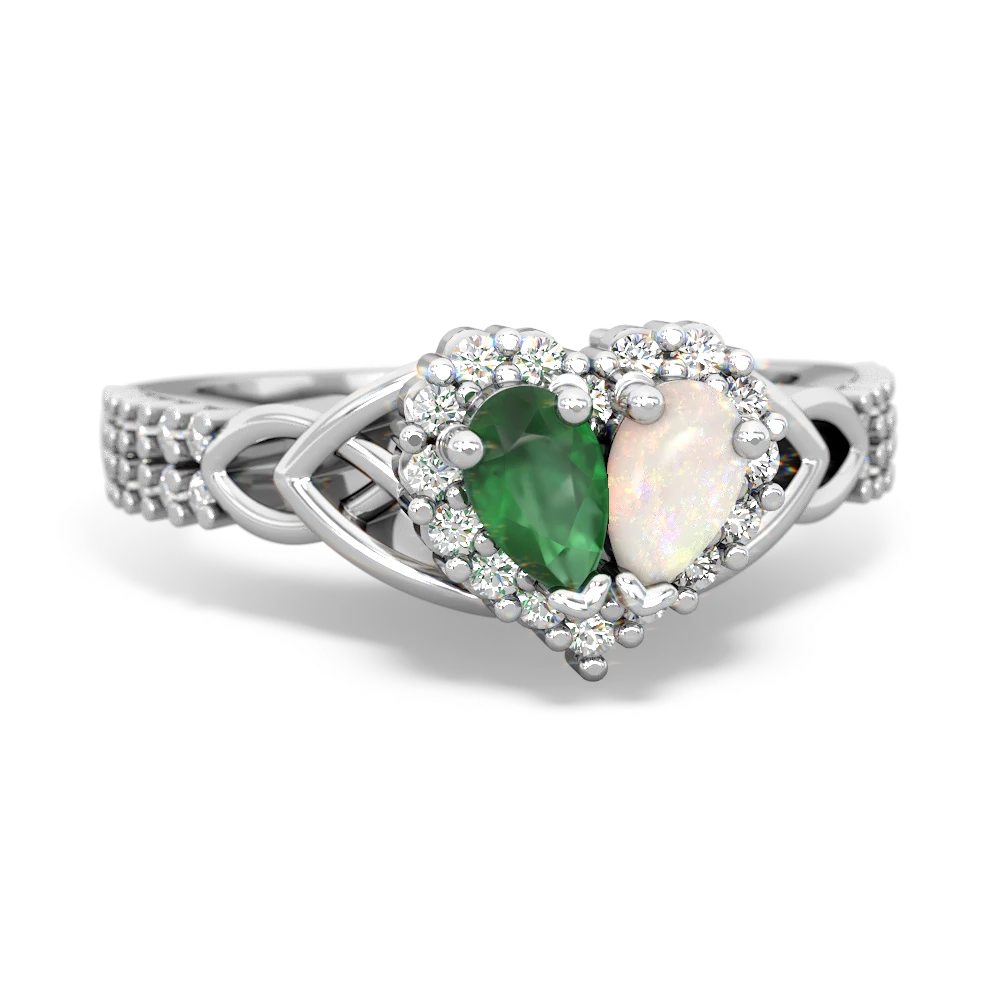 Emerald Celtic Knot Two Hearts As One 14K White Gold ring R2644HRT