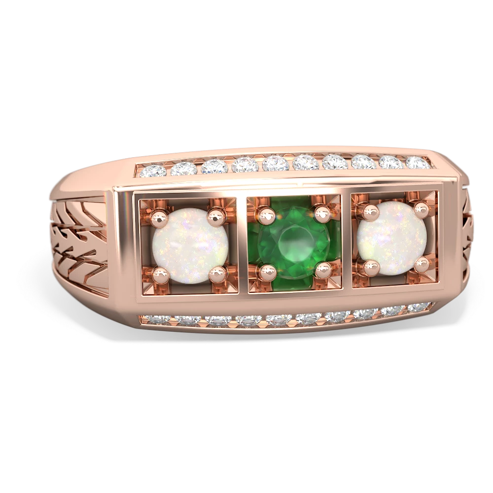 Emerald Three Stone Tire Tread Men's 14K Rose Gold ring R0520