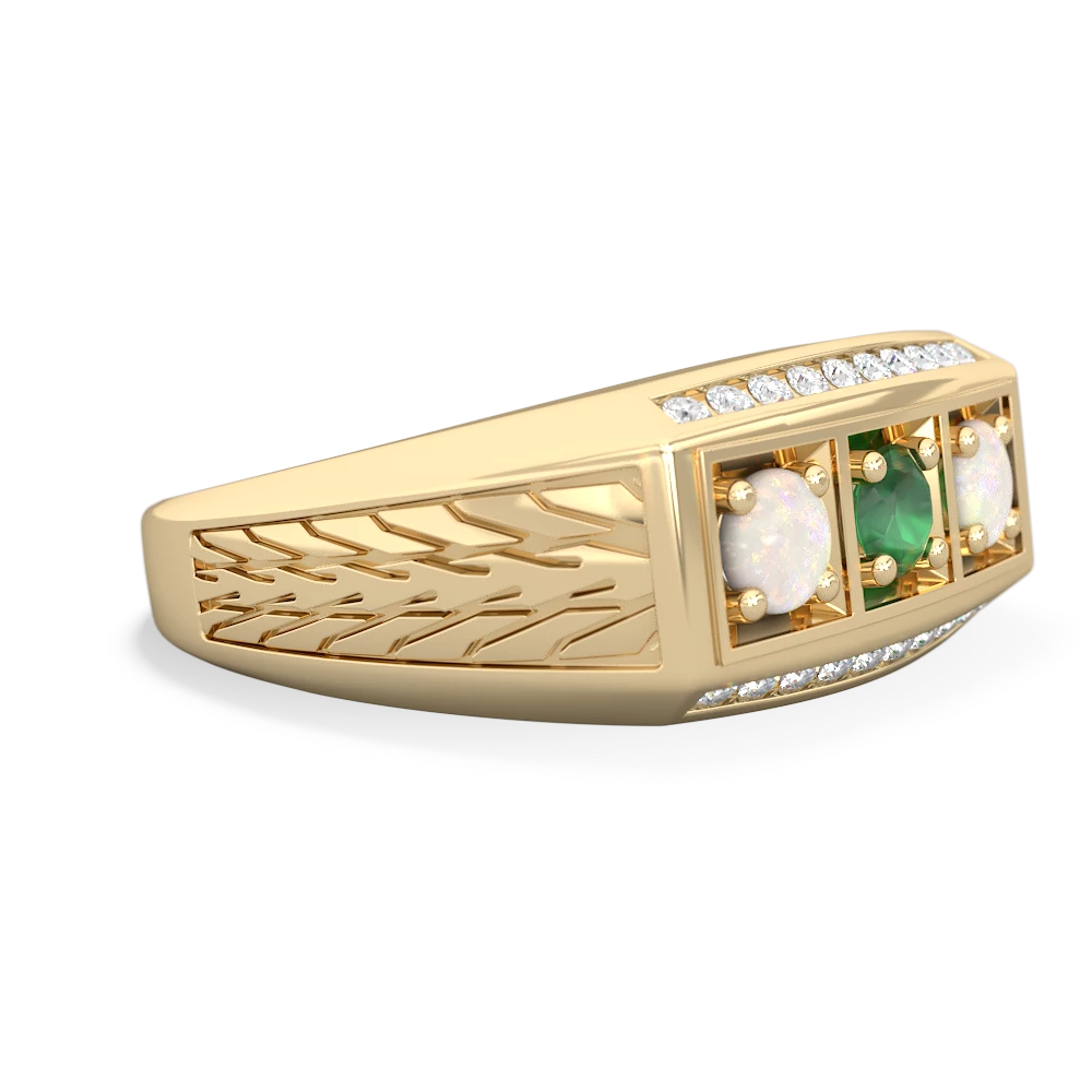 Emerald Three Stone Tire Tread Men's 14K Yellow Gold ring R0520