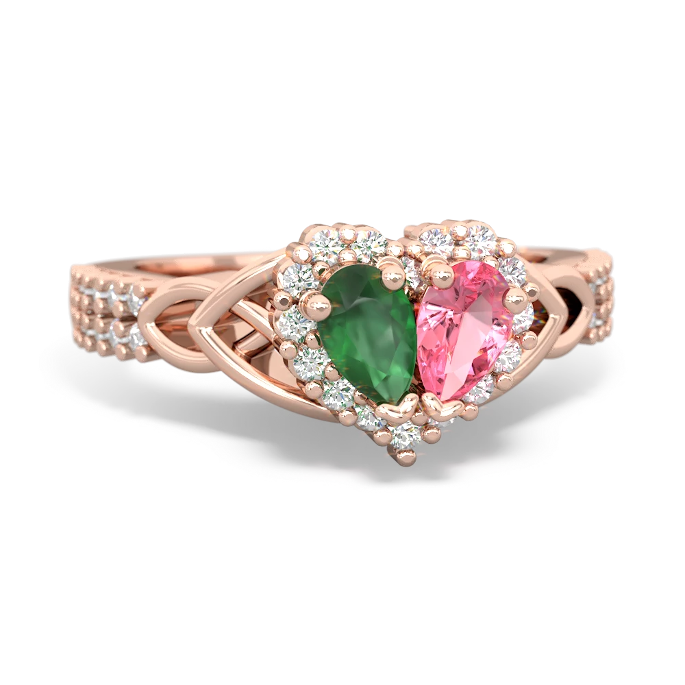 Emerald Celtic Knot Two Hearts As One 14K Rose Gold ring R2644HRT