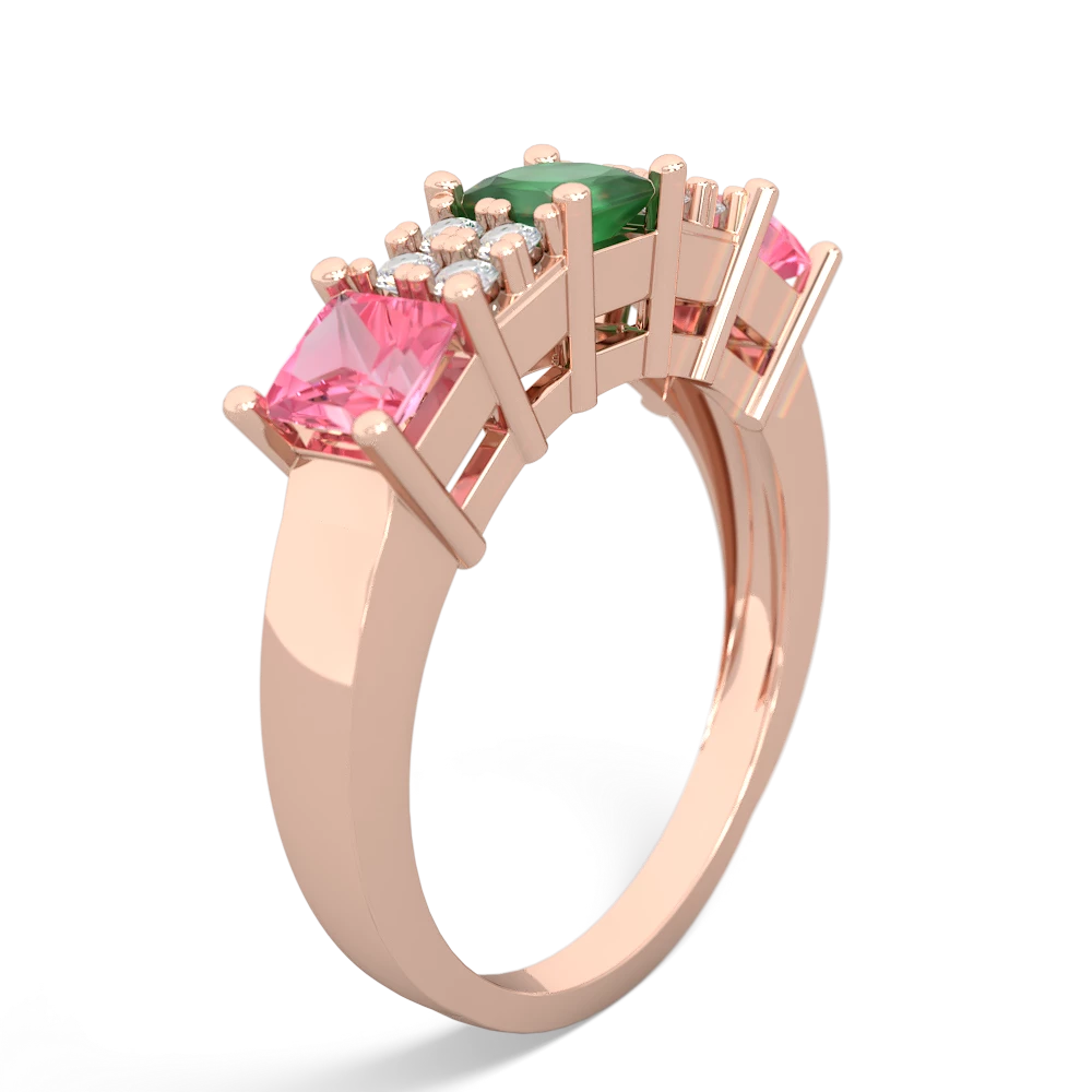 Emerald Three Stone Diamond Cluster 14K Rose Gold ring R2592