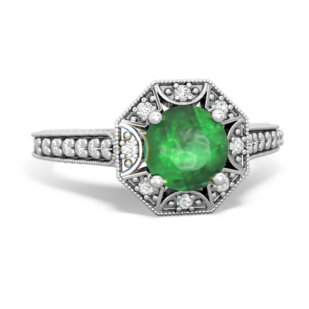 Emerald Art-Deco Starburst 14K White Gold ring R5520