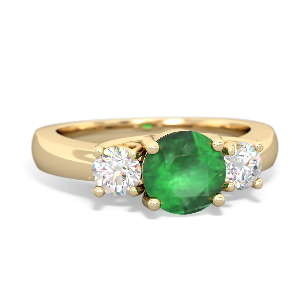 Emerald Diamond Three Stone Round Trellis 14K Yellow Gold ring R4018