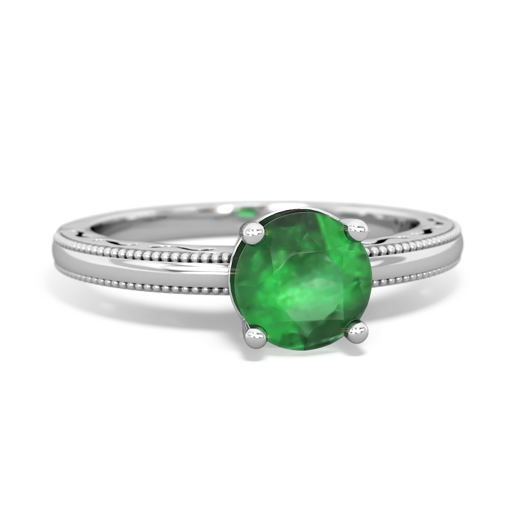 Emerald Milgrain Filigree 14K White Gold ring R5090