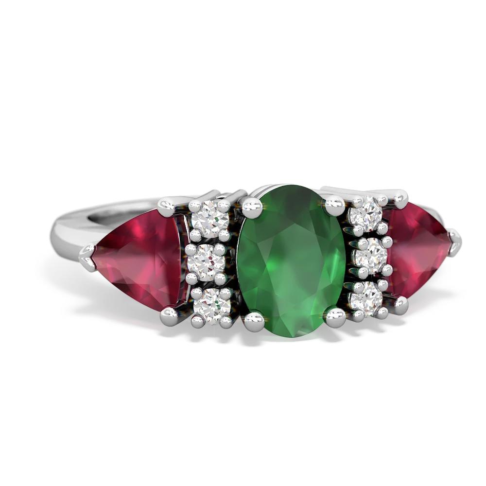 Emerald Antique Style Three Stone 14K White Gold ring R2186