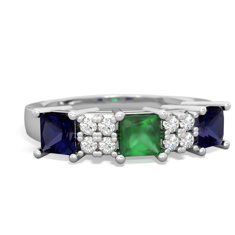 Emerald Three Stone Diamond Cluster 14K White Gold ring R2592