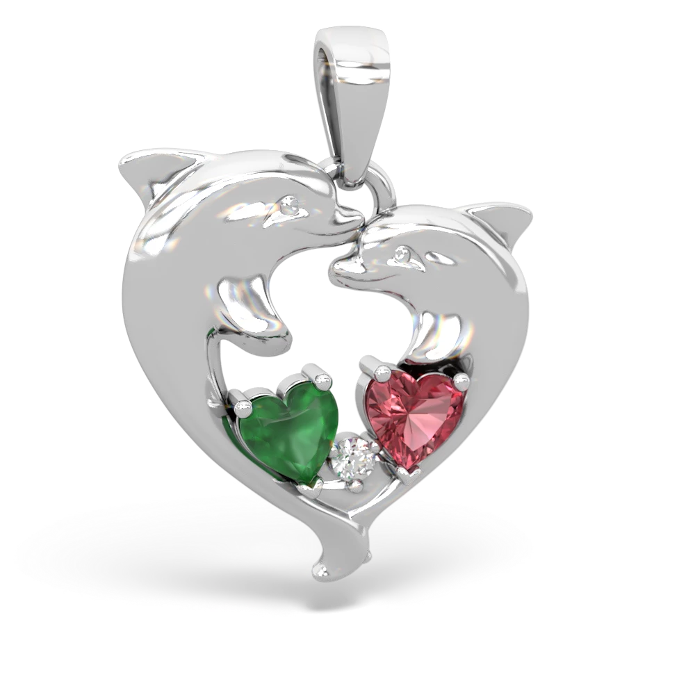 Emerald Dolphin Heart 14K White Gold pendant P5820