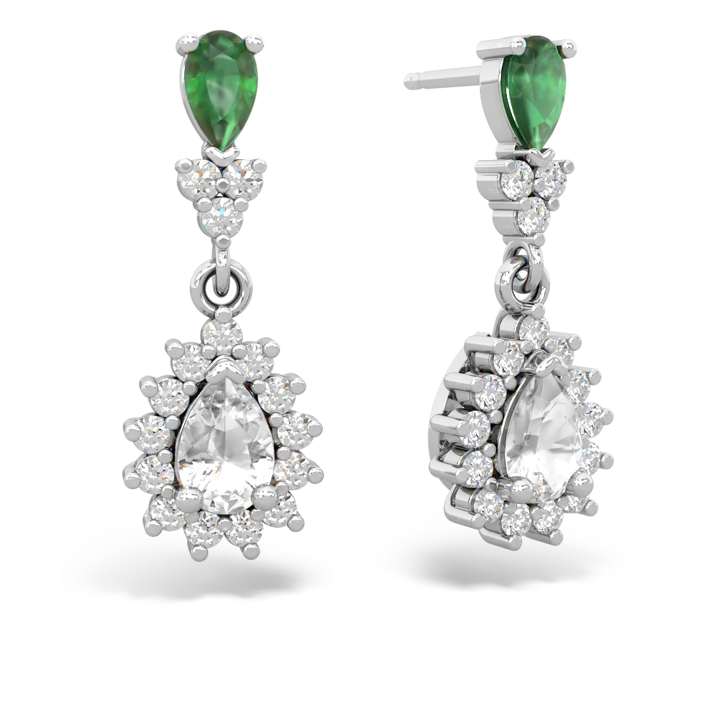 Emerald Halo Pear Dangle 14K White Gold earrings E1882