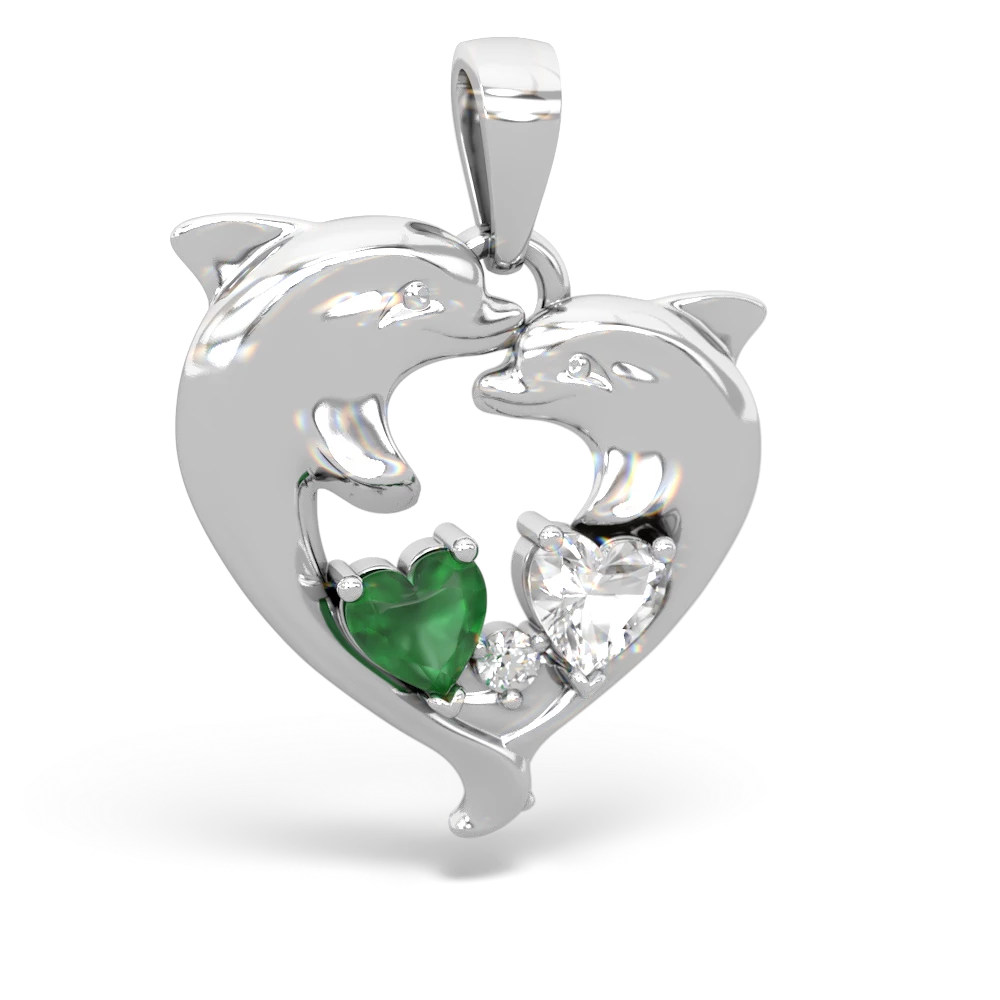 Emerald Dolphin Heart 14K White Gold pendant P5820