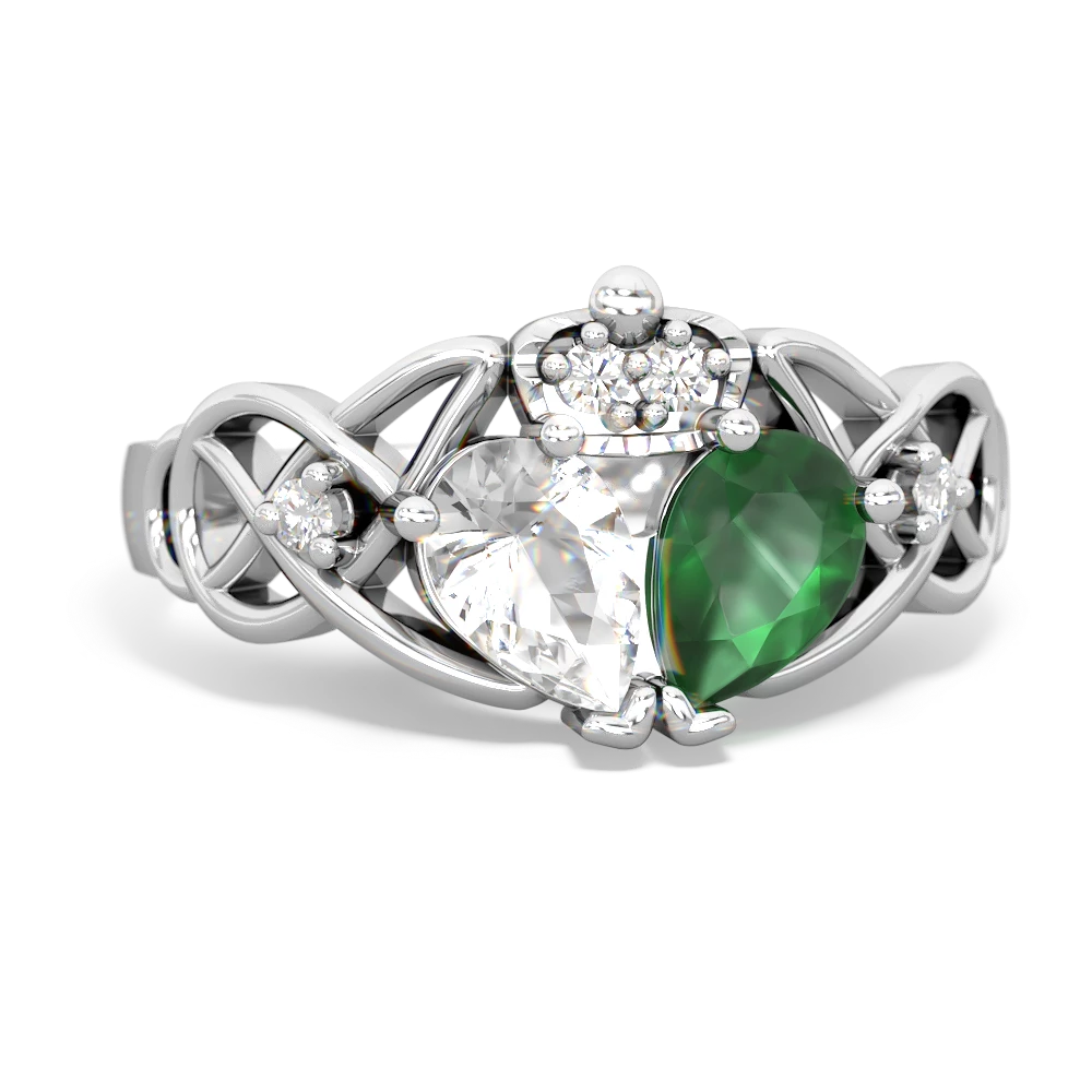 Emerald 'One Heart' Celtic Knot Claddagh 14K White Gold ring R5322