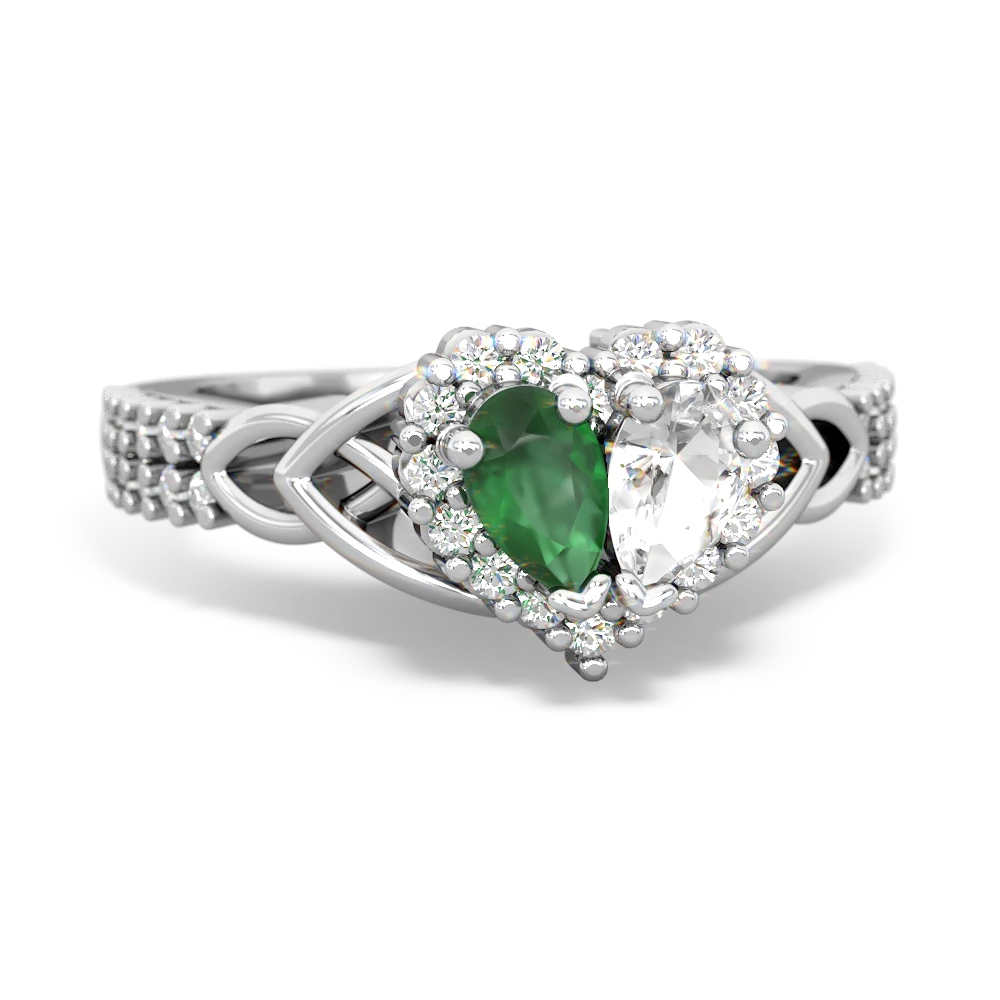 Emerald Celtic Knot Two Hearts As One 14K White Gold ring R2644HRT