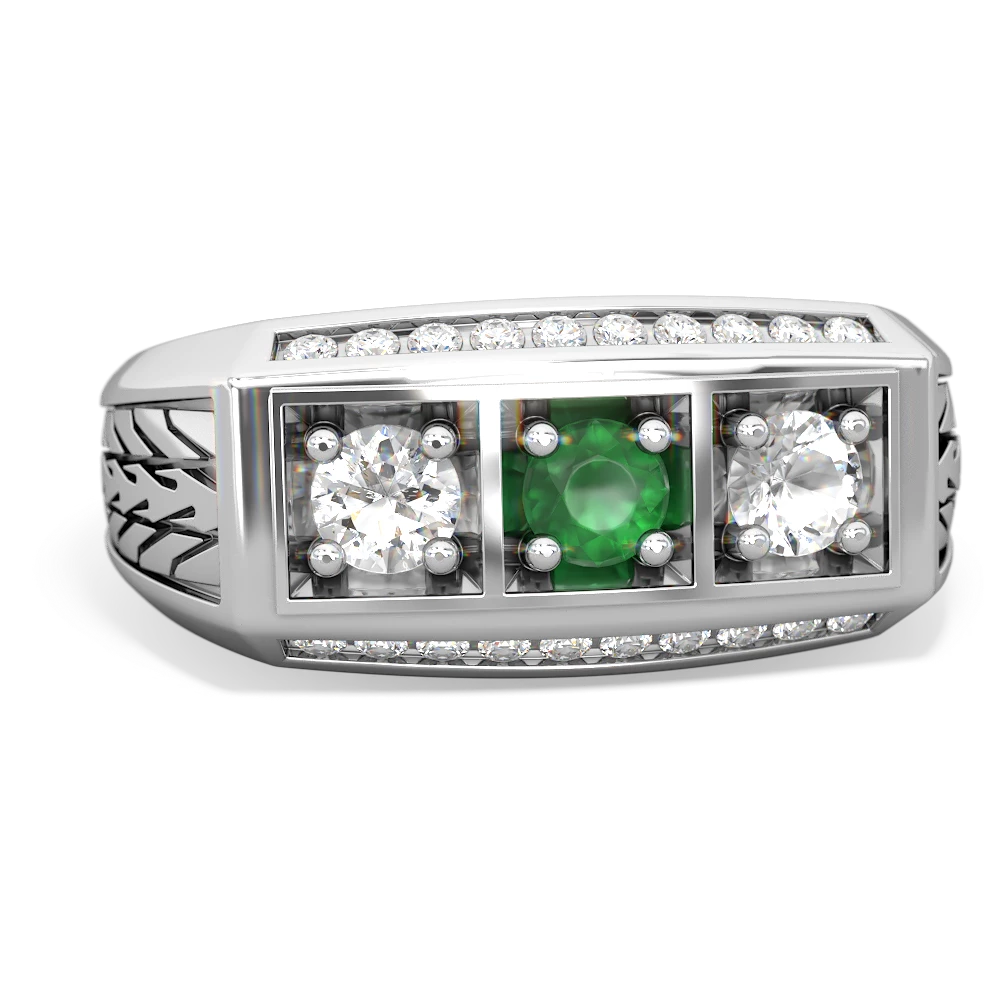 Emerald Three Stone Tire Tread Men's 14K White Gold ring R0520