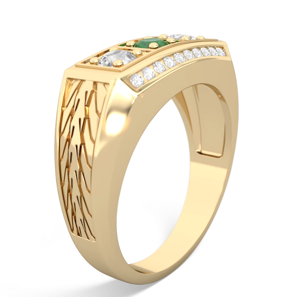 Emerald Three Stone Tire Tread Men's 14K Yellow Gold ring R0520