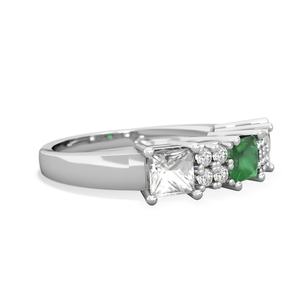 Emerald Three Stone Diamond Cluster 14K White Gold ring R2592