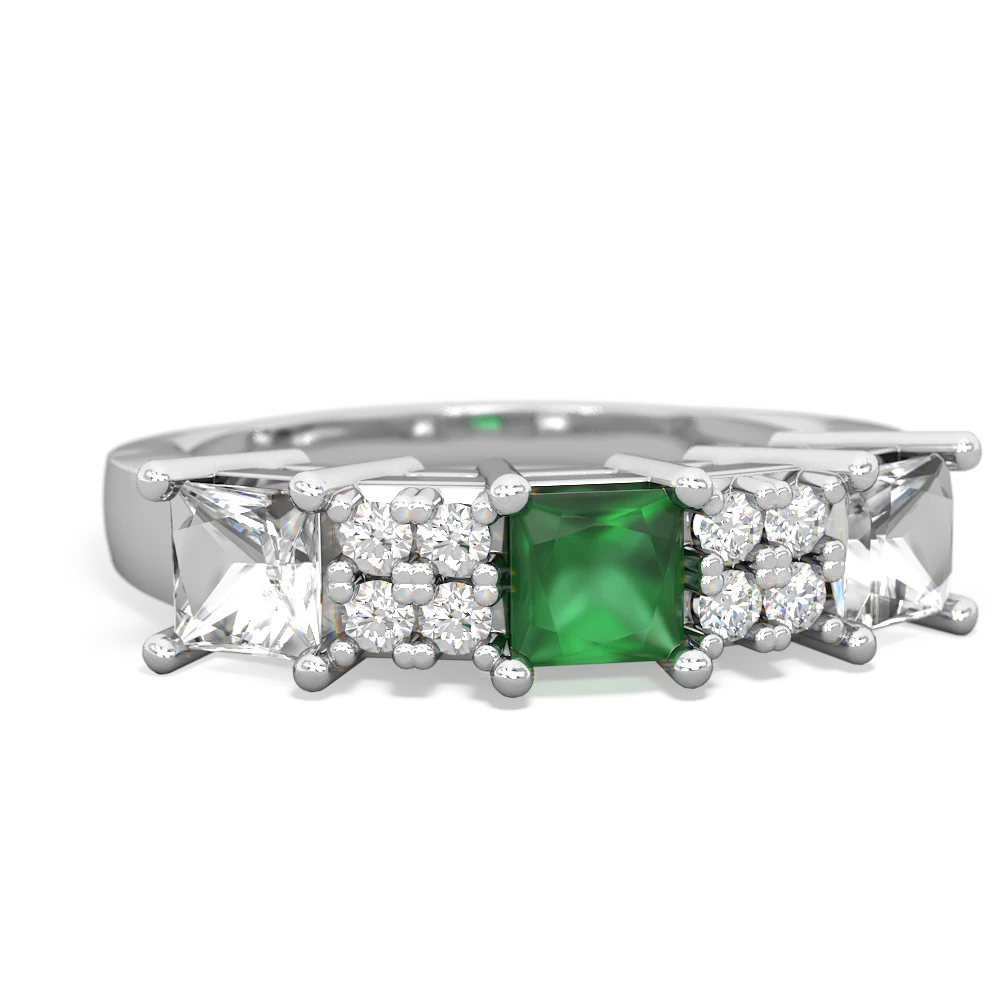 Emerald Three Stone Diamond Cluster 14K White Gold ring R2592