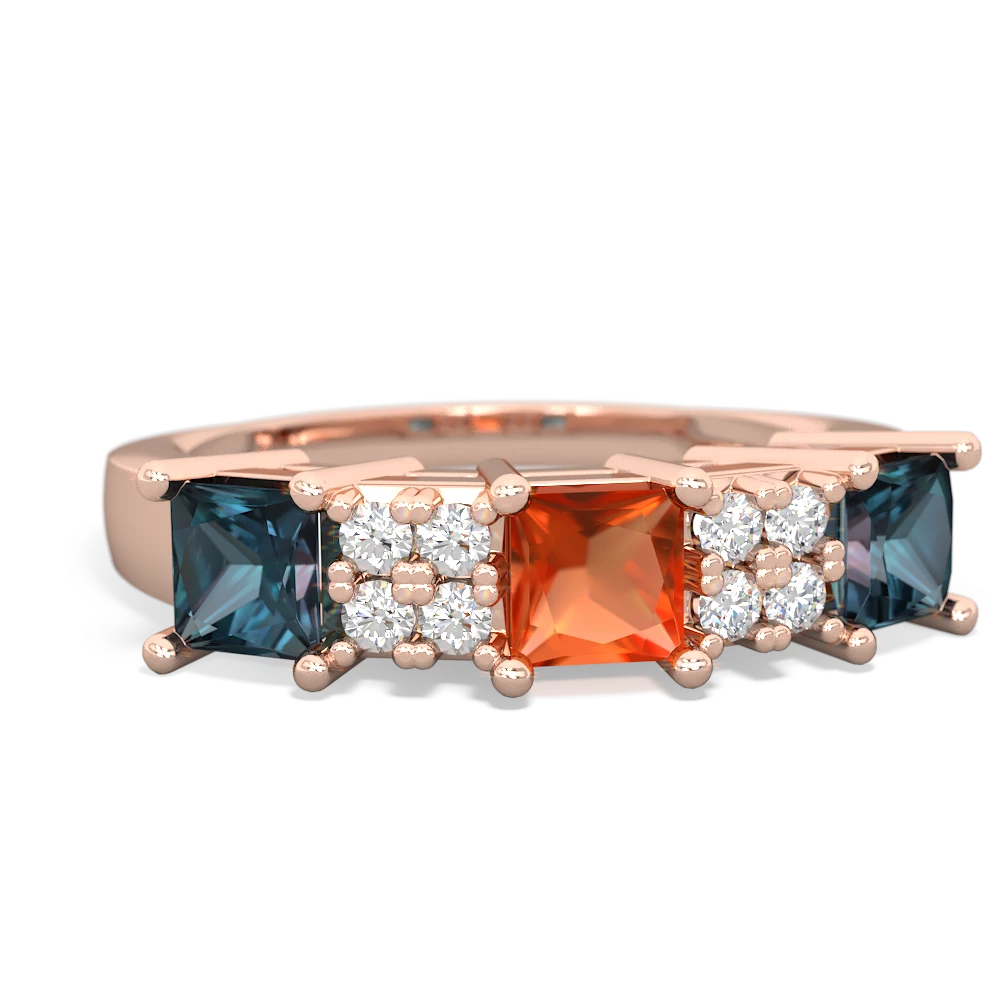 Fire Opal Three Stone Diamond Cluster 14K Rose Gold ring R2592