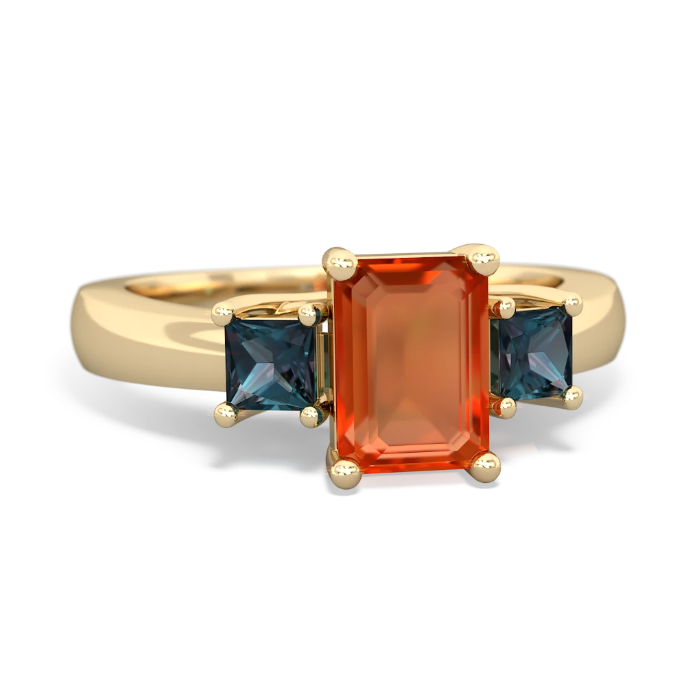 Fire Opal Three Stone Emerald-Cut Trellis 14K Yellow Gold ring R4021